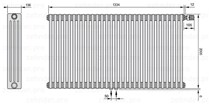 Схема (чертеж) Радиатор Zehnder Charleston 4200/29 №V008 Белый глянцевый RAL 9016